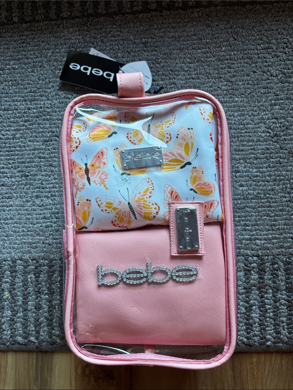 bebe Pink Butterfly Travel Cosmetic Bag Set